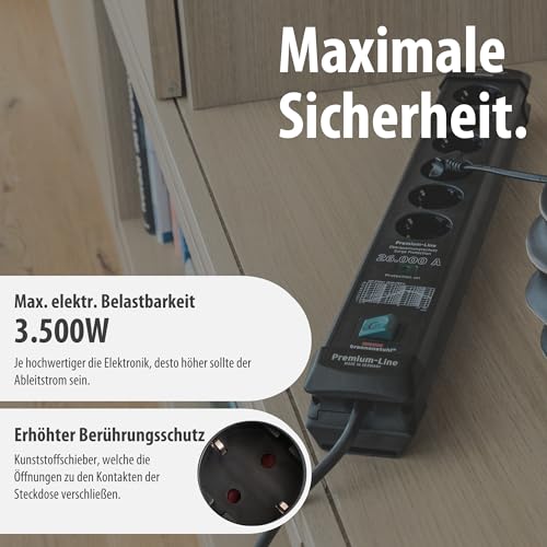 Brennenstuhl Premium-Line Steckdosenleiste 6-Fach mit Überspannungsschutz bis zu 26.000A (Mehrfachsteckdose mit 1,8m Kabel und mit Schalter, Steckdosenleiste Wandmontage, Made in Germany) schwarz