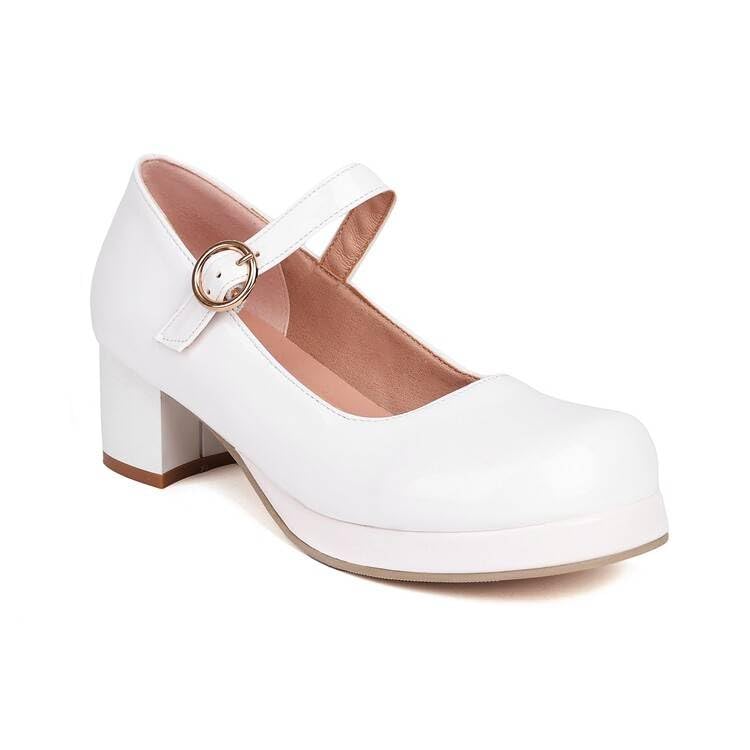 Women Elegant Mary Jane Pumps Square Toe Block Heels with Belt Buckles
