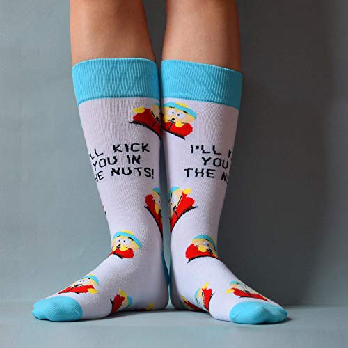 South Park Eric Cartman Kick You in the Nuts Socks Officially Licensed Unisex Crew Socks - One Size Fits Most, White, One Size