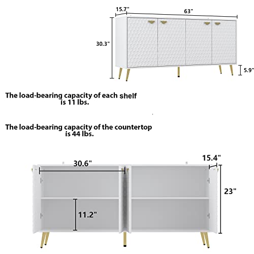 Ecacad Modern Sideboard Buffet Storage Cabinet With Stylish Pattern, 4 Doors & 4 Storage Compartments, Kitchen Cupboard Console Cabinet With Metal Legs For Living Room, Entryway, White #TOP1