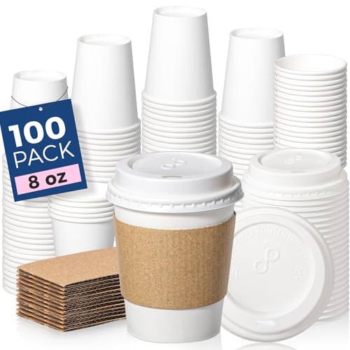 Fit Meal Prep 100 Pack 8 oz Disposable Coffee Cups with Lids, Sleeves, Leak-Proof To Go Coffee Cups with Lids, Durable Hot Paper Cups for Home, Office, Party, Business
