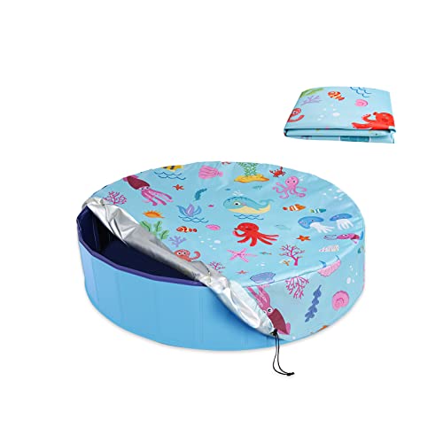 Docuwee Round Pool Cover 32 Foldable Kiddie Solar Cover Fit Dog Swimming Pool Pets Kids Bath Tub Anti-UV Dustproof Safety Pool Covers with Cute Ocean Animals Pattern