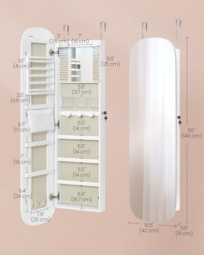 Image of SONGMICS Jewelry Organizer, LED Jewelry Cabinet Wall /Door Mounted, Lockable Rounded Wide Mirror with Storage, Interior Mirror, 3.9 x 16.5 x 55 Inches, White Surface with Greige Lining