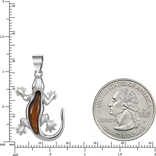 925 Sterling Silver Koa Wood Gecko Pendant with 18" Box Chain, Nickel Free Hypoallergenic for Sensitive Skin, Hawaii Island Jewelry, Gift Box Included3