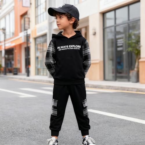 Image of OLMRJKD Toddler Baby Boy Clothes Plaid Long Sleeve Hoodie Sweatshirt + Pants 2pcs Boys Outfit Set
