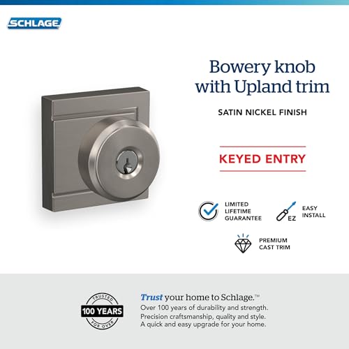 Image of SCHLAGE F51A BWE 619 ULD Bowery Knob with Upland Trim Keyed Entry Lock, Satin Nickel