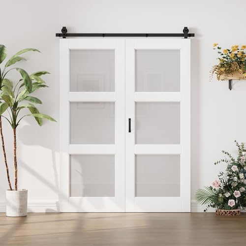 Image of 56 inchx80 inch White 3-Lites Frosted Glass Bifold Barn Door Slab and 64 inch Track Kit