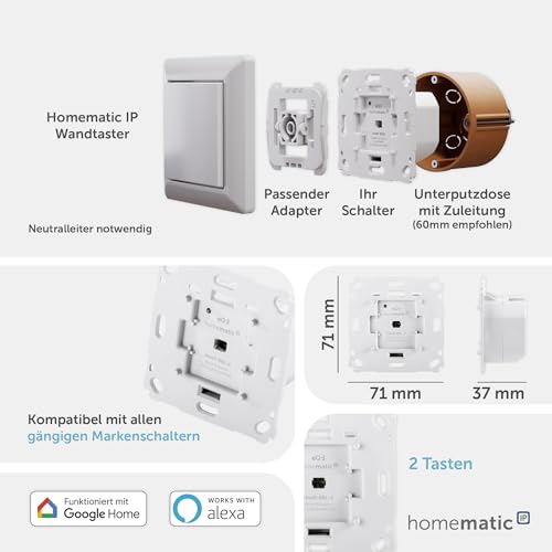 Homematic IP Smart Home Jalousieaktor für Markenschalter, digitale Steuerung von 1 Jalousie oder Raffstore, elektrische Jalousien nachrüsten, Steuerung per App, Alexa und Google Assistant, 151333A0