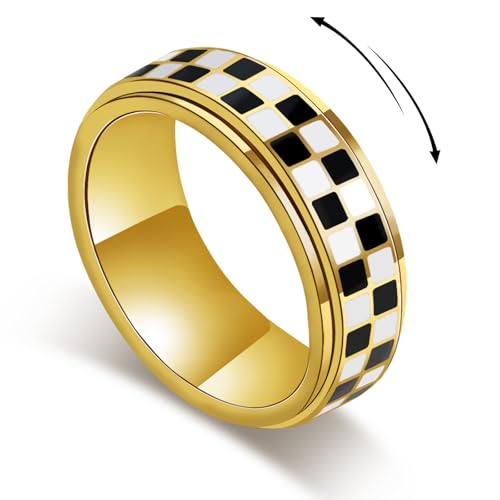 Checkerboard Fidget Ring for Men - 8mm Unique Black and White Checkered Anxiety Spinner Jewelry for Adults, Stainless Steel Roating Ring for Stress Relief, Modern Jewelry Gift for Men Women (Gold, 10)