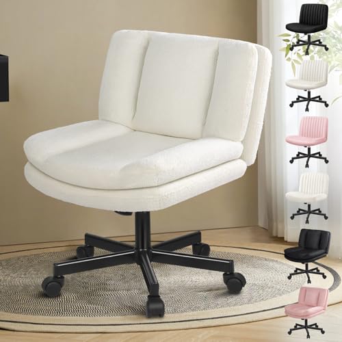 ALFORDSON Silla de Oficina Patas Cruzadas, Asiento Ancho, sin Brazos, con Ruedas, ergonómica, Altura Ajustable, giratoria, Tela bouclé, Color Blanco