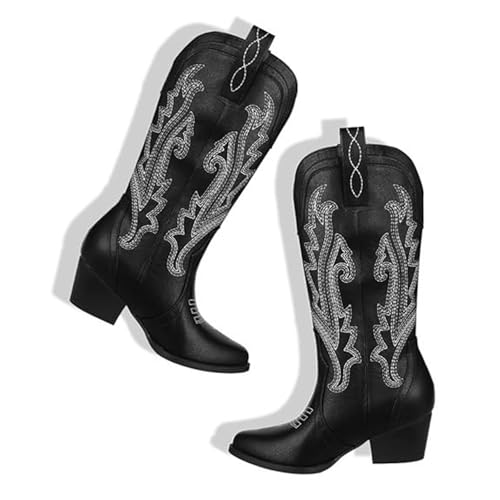 Image of AOSPHIRAYLIAN Cowboy Boots for Women Retro Pointed Toe Pull On Block Chunky Heel Glitter Sparkly Metallic Embroidecamel Country Concert Outfits Calf Western Cowgirl Boots