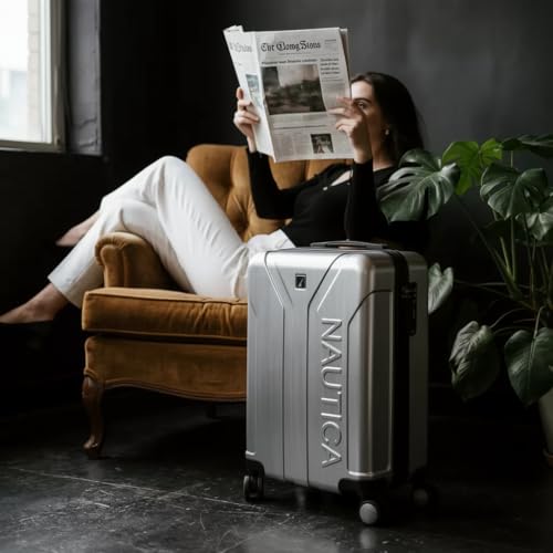 Image of Nautica 20 inch Polycarbonate Hard-Sided Unisex Cabin Luggage Trolley | 8-Wheel Spinner, Telescopic Handle | Durable, Secure Combination Lock | Modern Design Travel Suitcase for Men & Women | Silver