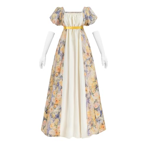 LTAKK Regency Dress Women Regency Costume Empire Waist Tea Party Victorian Gown with Gloves and Sash, Yellow Floral, XL