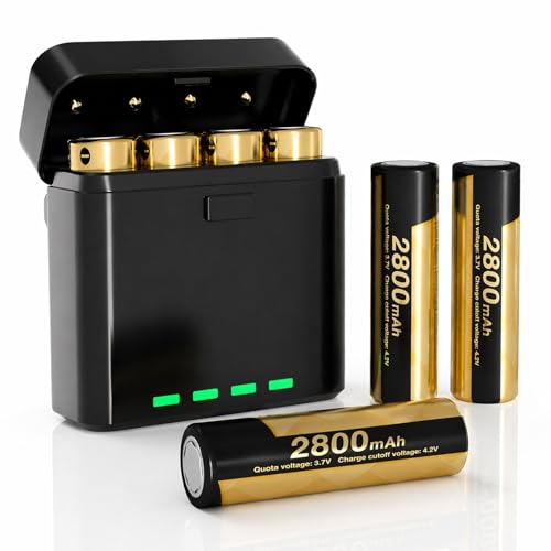 Matbc 3.7 V Rechargeable Battery Flat top with Charger 4 Bay 4 pack 2800mAh 18650 Battery with Charging Storage Box for Flashlight Outdoor Garden Lights headlamps Small Fan