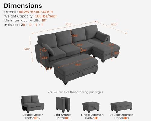 Image of CHIC HOUSE Corduroy Modular Sectional Couch with Ottoman Chaise, L /U Shaped Sleeper Sofa for Living Room, Apartment, Lounge, Modern Armrest Neck Support Furniture (Dark Grey, 7 Seater Sectional)