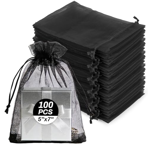 Image of Sukh Black Organza Bags 5''x7'' - 100pcs Sheer Mesh Drawstring Bags for Jewelry, Soap, Fruits, Candy, Small Gift Bags for Weddings, Valentine's Day, Mother's Day, Halloween, Thanksgiving, Christmas