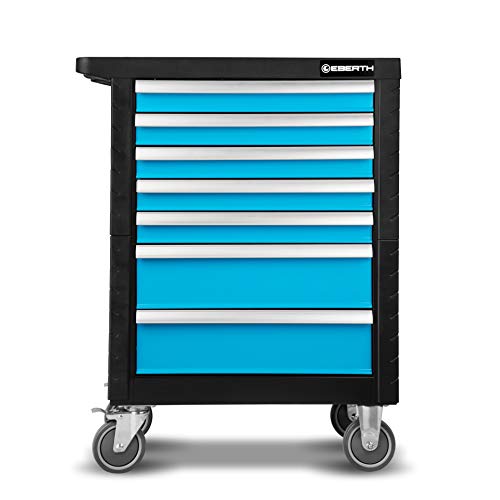 EBERTH Werkstattwagen 167-teilig bestückt, 7 Schubladen, 5 davon mit Werkzeug gefüllt, Doppelwandiger Werkzeugwagen aus Stahl, Blau Pulverbeschichtet, Lenkrollen, Feststellbremse, Ergonomische Griffe – Bild 4