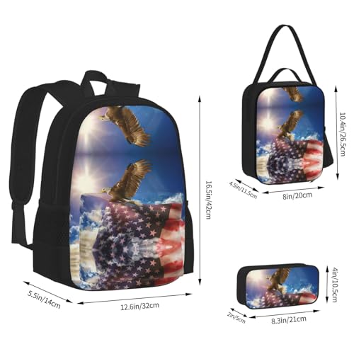 nanger American Usa Flag Eagle Art Print 3-Piece Set Backpack, Lunch Bag And Pencil Case, For Travel, College, And Daily Use4