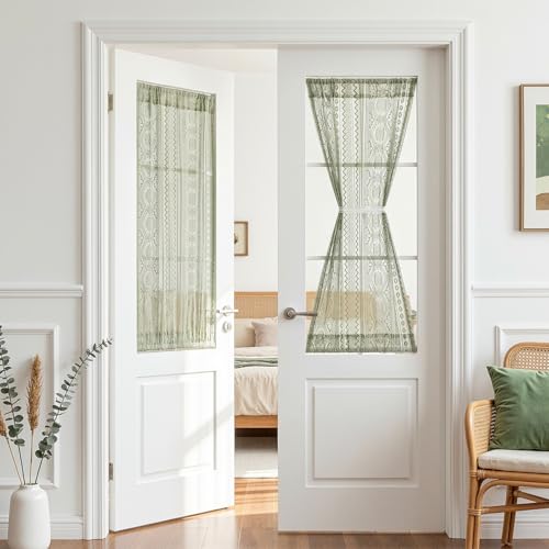 Image of MYSKY HOME Sage Green Lace French Door Curtains 40 inch Long 2 Panels Boho Sheer Floral Curtains for Door Window Scalloped Doorway Sidelight Curtains Come with 2 Matching Tie-Backs, 26 inch W Each Panel