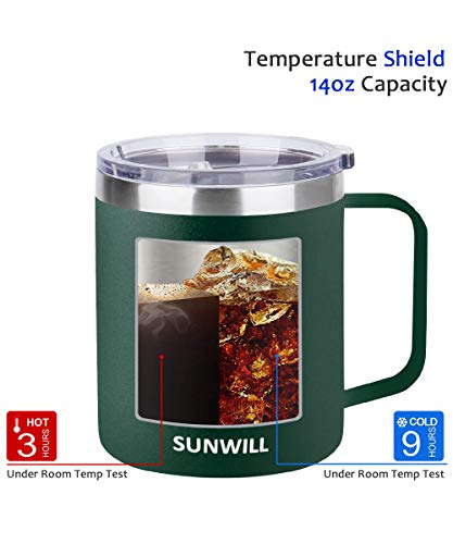 Sunwill Coffee Mug Set With Handle And Lid 14 Oz, Insulated Camping Mug 2 Pack, Double Wall Stainless Steel Travel Tumbler Cup, Reusable Coffee Cup Outdoor, Powder Coated Forest Green & Plum #TOP3