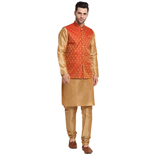 Image of KRAFT INDIA Mens Gold Silk Blend Kurta and Churidar Set With Jacquard Paisley Nehru Jacket