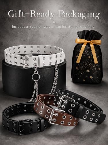 Image of Studded Double Grommet Belt with Chains for Women Men Teens | Y2K Punk Goth Belt, Womens Double Hole Belts for Jeans /Pants /Skirts, Grunge Adjustable Leather Belt for Fashion /Festival