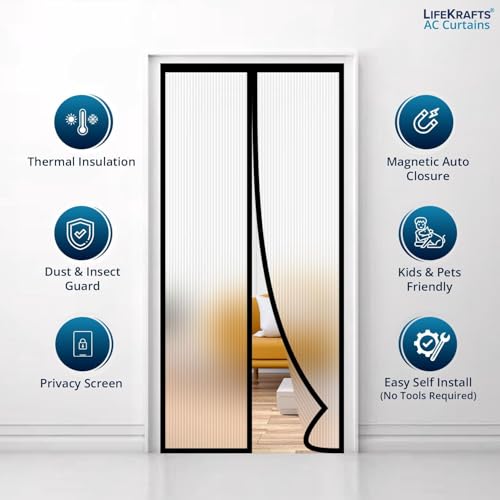 Image of LifeKrafts Customizable Magnetic AC Curtain | Thermal Screen | Insulated | Translucent and Ribbed Design | Insect Screen, Pest Control, Privacy Screen and Dust Control, Upto Maximum 220x120cm