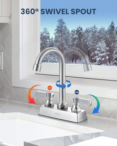 Image of Commercial Bar Sink Faucet 2 Hole,4 Inch Center Deck Mount Hand Sink Faucet,3.8″ Gooseneck Swivel Spout Bar Faucet,Brass Construction Brushed Nickel with Dual Handles for Utility Laundry Kitchen