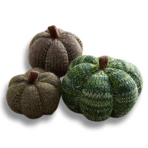 Image of Set of 3 Cozy Mini Knit Pumpkins (Juniper Multi-Size Set) | Autumn Table Home Decor, Fall Seasonal Gift, Green Accent Kitchen Decor