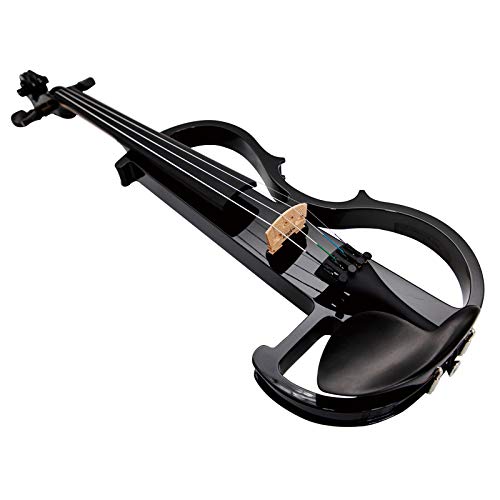 Image of Kinglos. Visual-Art Advanced Electric Violin 4 /4 Full Size Ebony Fittings | Incl. Case Bow Shoulder Rest Aux Cable Spare Bridge Strings - Solid Wood Black Coloured Silent Fiddle Kit for Adults Beginner