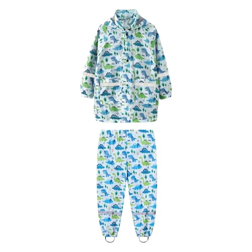 Kids Boys Hooded Rain Jackets Outfits Dinosaur Snap Button Thin Water Resistant Coats Pants Girls Cozy Windbreaker Sets