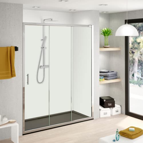 Mampara de Ducha FRONTAL Corredera 3 Hojas Mojacar - 1 Fijo y 2 Puertas Correderas Transparente - Altura 1,90 Metros y Cristal Templado 5mm Espesor 150 cm (Adaptable de 148,5 a 150,5) Cover