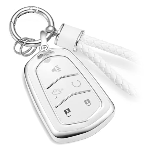 Image of Key Fob Cover for Cadillac, White Braided Loop, Silver Edge