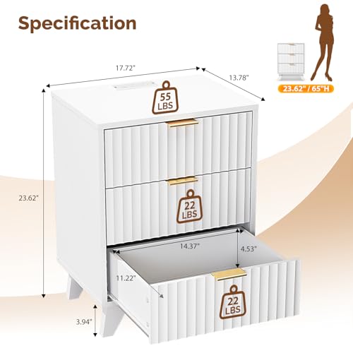 Image of VINGLI Fluted White Nightstand with Charging Station, 3 Drawer White Night Stand Bedside Table with Drawers for Bedroom, Fluted Bedside Table /End Table /Side Table, 17.72 inch W*13.78 inch D*23.62 inch H, 1 pc
