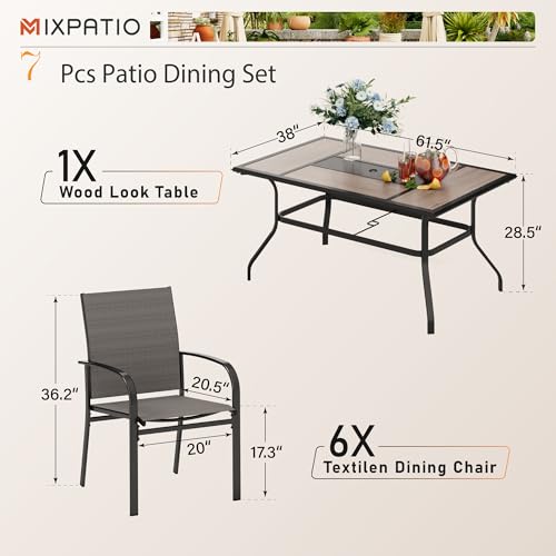 Image of MIXPATIO Outdoor Patio Dining Set 7 Piece Furniture Set with 6 Brown Textilene Chairs and Wood-Like Table Top Rectangular Table for Deck Garden Backyard Lawn Poolside