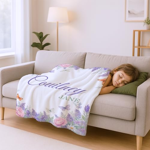 Image of Personalized Baby Blanket with Name, Custom Name Blanket for Kids Soft Flanne Blankets in Easter Personalized Baby Gifts for Infant Newborn Shower (Purple-3)