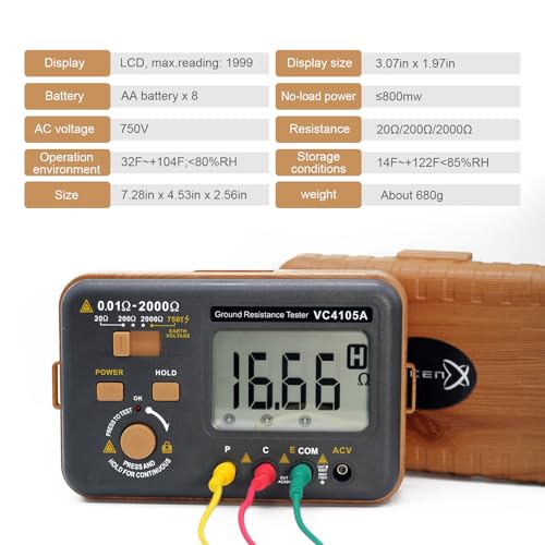 Telurometro,VC4105A Digital Earth Resistance Tester,SKYCENX Grounding Meter Tester for Earthing,Wood-Look Casing,Offers Three Resistance Ranges(20Ω/200Ω/2000Ω) and AC Voltages 750V