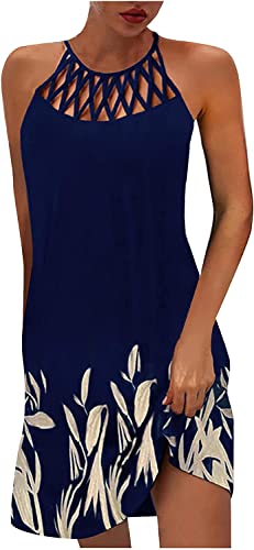 Image of LOVESHOOT Summer Dresses for Women 2026 Casual Floral Hollow Out Halter Neck A-line Sundress for Beach Vacation with Pockets