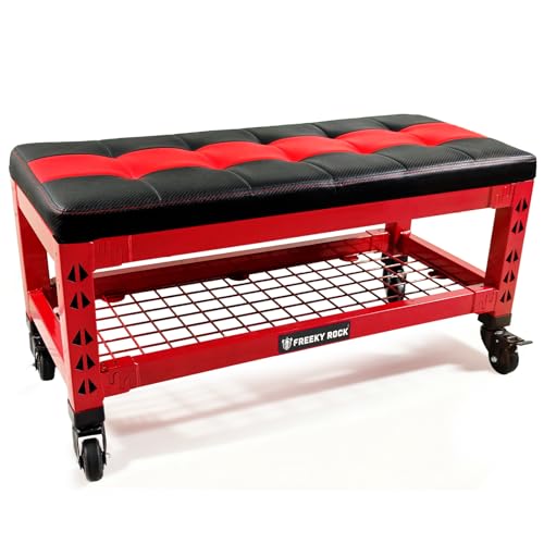 FREEKYROCK Heavy Duty Garage Bench Stool with Removable Creeper Pad, 2 Storage Shelves & 4 Wheels, 500LB Capacity Mobile Work Seat for Workshop, Car Repair, Red