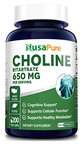 Choline Bitartrate 650 mg 200 Veggie Capsules (Non-GMO & Gluten Free) Enhance Cognitive
