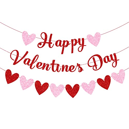 Image of Festiko Kid Red Glittery Happy Valentine's Day Banner and Red Pink Glittery Hearts Banner Valentine's Day Banner Garland with Heart Signs Valentines Day Party Decorations for Valentines Party Supplies