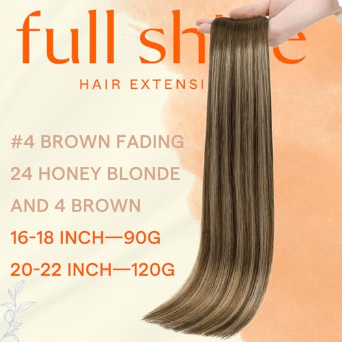 Image of Full Shine Genius Weft Hair Extensions, Medium Brown Honey Blonde 18 Inch | 90g 4 PCS, Invisible Tape in Hair Extensions Human Hair, Hand Tied Weft, Thin Base, Natural Movement, Wedding Hairstyles