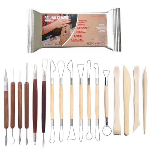Hava ile Kuruyan Terra Cotta Seramik Kil 500 g + 17 Parça Şekillendirme Alet Seti | Pişmeyen Beyaz Doğal Kil