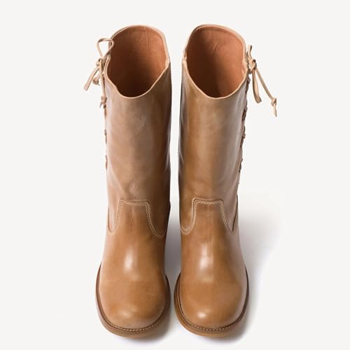 Mid Calf Boots for Women Stylish Side Lace Up Round Toe Chunky Block Low Heel Booties Cute Bow Comfortable Fall Winter Boots4