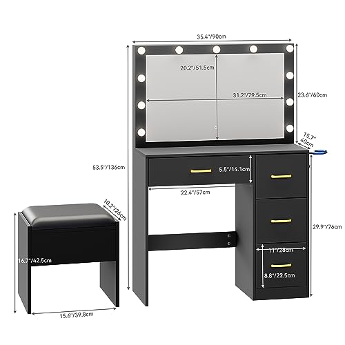 DWVO Makeup Vanity with Lighted Mirror, Dressing Table with 11 LED Bulbs & 3 Lighting Modes, Storage Drawers, Charging Ports and Soft Cushioned Stool