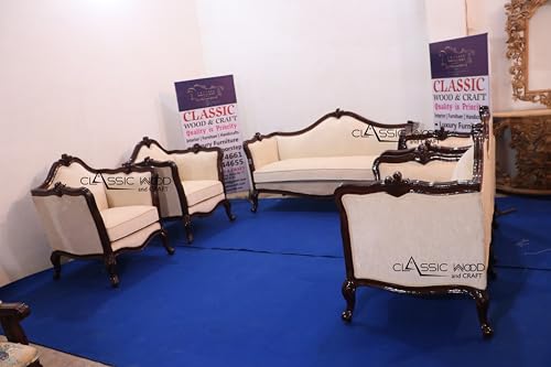 Image of CLASSIC WOOD & CRAFT Luxury Wooden Sofa Set with Center Table | Hand-Carved Solid Teak Wood Sofa Set with Upholstery | Royal Living Room Furniture for Home (Cream Dark Walnut 7 Seater)
