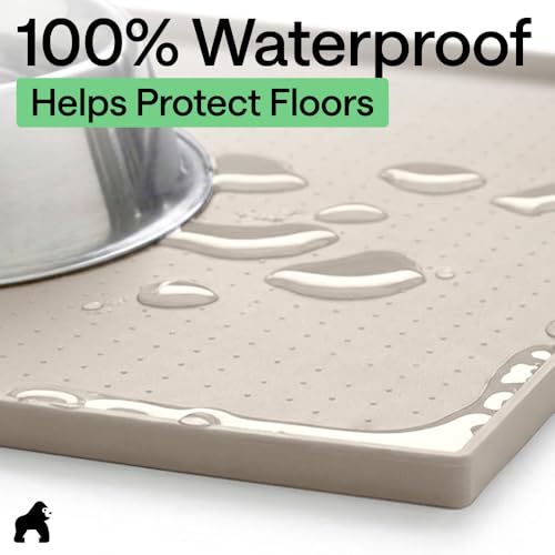 Image of GORILLA GRIP 100% Waterproof Raised Edge BPA Free Silicone Pet Feeding Mat, Dog Cat Food Mats Contain Spills Protects Floors, Placemats for Cats and Dogs Water Bowl, Pets Accessories 32x24 Beige