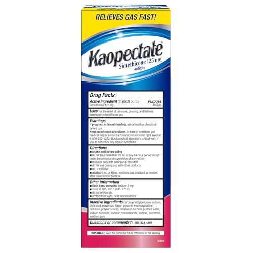 Image of Kaopectate Extra Strength Gas Relief Liquid, 8 Oz (Pack of 2), Mixed Berry Flavor, Relieves Gas, Bloating and Pressure, Simethicone 125 mg, Vacation Essentials