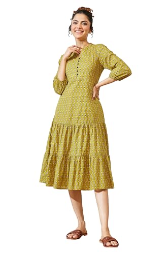 Image of Janasya Women's Light Pink Pure Cotton Floral Printed Tiered Dress
