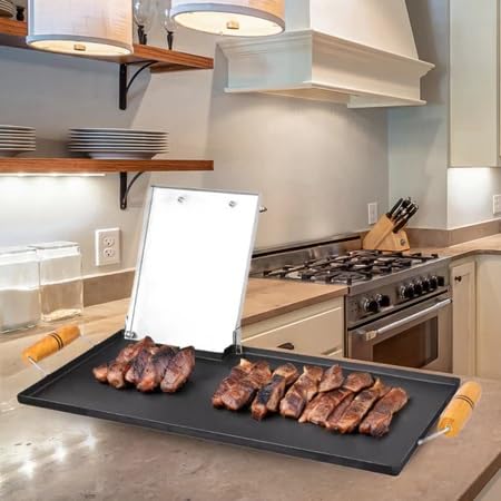 Chapa de Hambúrguer para Fogão com Cabo de Madeira + Prensa (60 cm x 30cm)